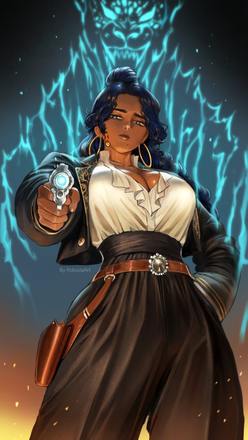 1girl aiming aiming_at_viewer animal aqua_eyes artist_name belt black_pants black_sash black_vest blue_hair braided_twintails breasts cleavage closed_mouth collarbone commentary cowboy_shot dark_background earrings frilled_shirt_collar frills glowing gold_earrings gold_trim gun hair_bun half-closed_eyes hand_in_pocket handgun highres holding holding_gun holding_weapon holster hoop_earrings jewelry large_breasts long_hair mole mole_under_mouth original pants plunging_neckline robusta_mania sash sharp_teeth shirt single_hair_bun solo sparks spirit teeth thigh_holster vest weapon white_shirt