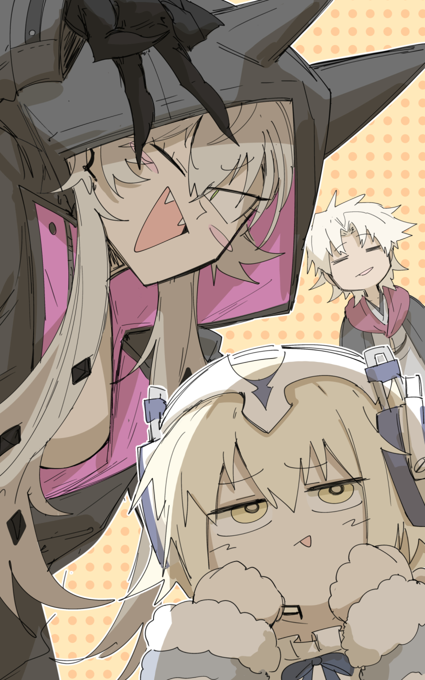 1boy 2girls amakusa_shirou_(fate) blonde_hair breasts crossed_bangs demon_girl demon_horns demon_wings fate/grand_order fate_(series) green_eyes grey_hair hair_between_eyes headphones highres hood horns jeanne_d&#039;arc_(fate) kankan33333 lilith_(fate) lilith_(first_ascension)_(fate) long_hair looking_at_viewer medium_breasts metatron_jeanne_(fate) multiple_girls wings yellow_eyes