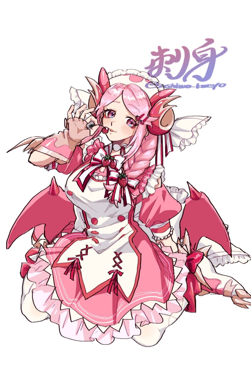 1girl blush breasts candy dragon_girl dragon_horns dragon_wings dress duel_monster fingerless_gloves food full_body gloves highres holding holding_candy holding_food holding_lollipop horns kneeling large_breasts lollipop long_hair low_wings nurse nurse_dragonmaid pink_dress pink_eyes pink_hair pink_wings simple_background solo tokiwajing white_background wings yu-gi-oh!
