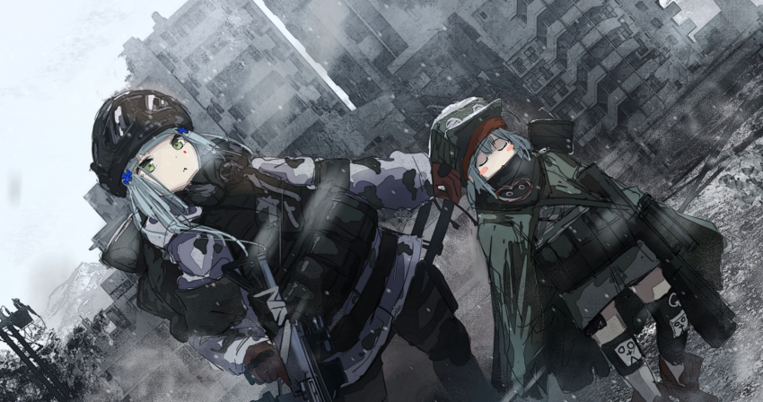 1girl 2girls :&lt; absurdres assault_rifle backpack bag blush_stickers boots bullpup camouflage caseless_firearm closed_eyes dutch_angle facial_mark g11_(girls&#039;_frontline) gas_mask girls&#039;_frontline gloves goggles goggles_on_headwear green_eyes gun h&amp;k_g11 h&amp;k_hk416 hair_ornament hat helmet highres hk416_(fang)_(girls&#039;_frontline) hk416_(girls&#039;_frontline) horizontal_magazine kilabo knee_pads last_man_battalion long_hair mask military military_uniform multiple_girls official_alternate_costume outdoors respirator rifle rogue_division_agent silver_hair snow_camouflage snowing tom_clancy&#039;s_the_division weapon winter_uniform