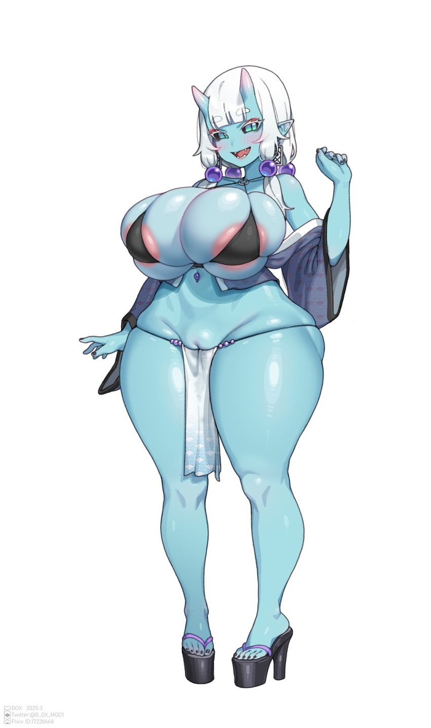 1girl areola_slip ass bare_shoulders bikini black_bikini black_nails black_sclera blunt_bangs blush breasts collarbone colored_sclera colored_skin cone_horns earrings eyebrows_hidden_by_hair eyelashes eyeliner fangs full_body green_eyes hair_ornament high_heel_sandals highres horns huge_ass huge_breasts japanese_clothes jewelry kimono knees large_areolae makeup multi-tied_hair navel_piercing o-ring o-ring_bikini ofuda oni original panties pelvic_curtain piercing pigeon-toed platform_clogs pussy red_eyeliner sandals shirt_slip sidelocks skin-covered_horns skindentation slit_pupils solo sphere_hair_ornament string_of_pearls string_panties swimsuit thighs toes uncensored underwear variant_set white_background white_hair wide_hips xiangzi_box yukata