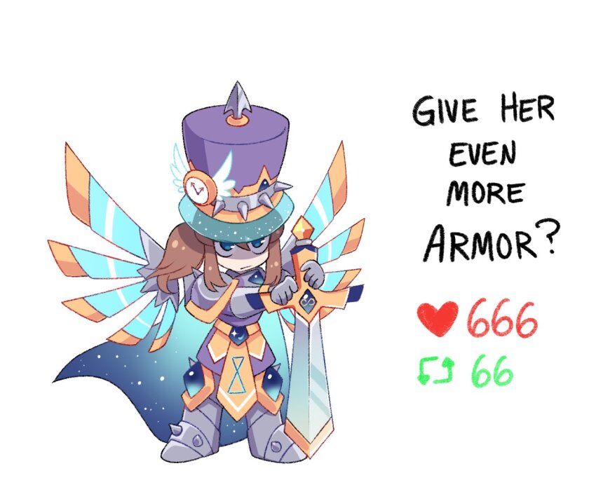 1girl :| ? a_hat_in_time alternate_costume aqua_cape armor armored_boots armored_gloves blue_cape blue_eyes blue_gemstone blue_hat boots brown_hair cape child clock closed_mouth commentary detached_wings dress english_commentary english_text full_body gauntlets gem gradient_cape grey_boots hat hat_kid heart holding holding_sword holding_weapon hourglass_print infinity_symbol like_and_retweet long_hair long_sleeves looking_at_viewer multicolored_hat pauldrons ponytail purple_dress purple_hat reverse_strip_game shoulder_armor sidelocks simple_background solo spiked_boots spiked_hat spiked_pauldrons spikes sword top_hat twitter_strip_game weapon white_background wing_hat_ornament wings xxfaylinnxx yellow_hat