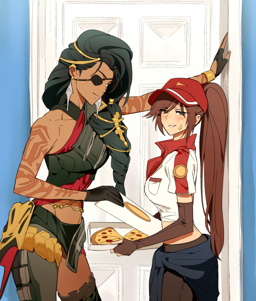 2girls amputee arm_tattoo baseball_cap black_gloves black_hair blush brown_gloves brown_hair closed_mouth crop_top door earrings elbow_gloves eyepatch fingerless_gloves food from_side gloves hair_ornament hat highres holding holding_food holding_pizza jewelry league_of_legends long_hair looking_at_another looking_at_viewer multiple_girls pizza pizza_delivery_sivir ponytail samira shirt single_bare_shoulder sivir smile standing stomach sweatdrop tan tattoo white_shirt zaket07