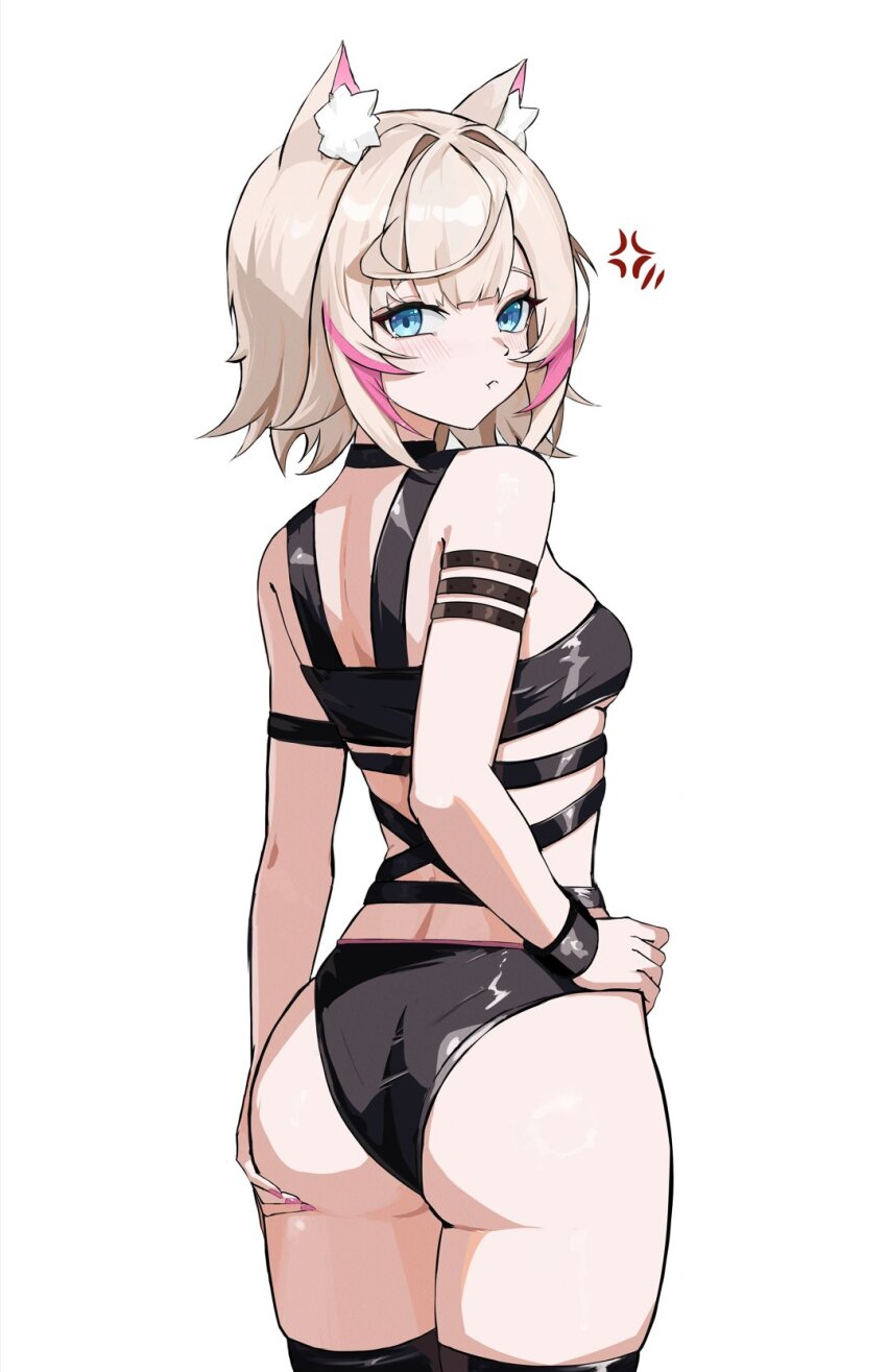 1girl anger_vein animal_ear_fluff animal_ears ass bikini black_bikini blonde_hair blue_eyes closed_mouth dog_ears dog_girl from_behind highres hololive hololive_english mococo_abyssgard no_tail pink_nails pink_streaks pout solo swimsuit ttsyrene virtual_youtuber