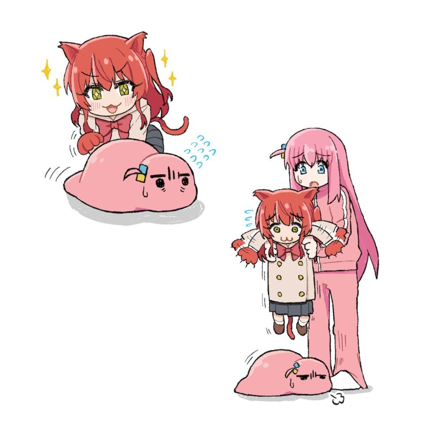 +_+ 2girls :3 animal_ears animal_hands black_skirt blush bocchi_the_rock! bow bowtie brown_cardigan brown_shoes cardigan cat_ears cat_girl cat_tail closed_mouth commentary cube_hair_ornament flying_sweatdrops full_body gloves gotoh_hitori gotoh_hitori_(tsuchinoko) hair_ornament highres jacket kemonomimi_mode kita_ikuyo lifting_person long_hair long_sleeves multiple_girls multiple_views one_side_up open_mouth pants paw_gloves pink_hair pink_jacket pink_pants pleated_skirt puff_of_air red_bow red_bowtie red_gloves red_hair school_uniform shoes shuka_high_school_uniform sidelocks simple_background skirt socks sparkle standing tail track_jacket tsw74194938 white_background white_socks