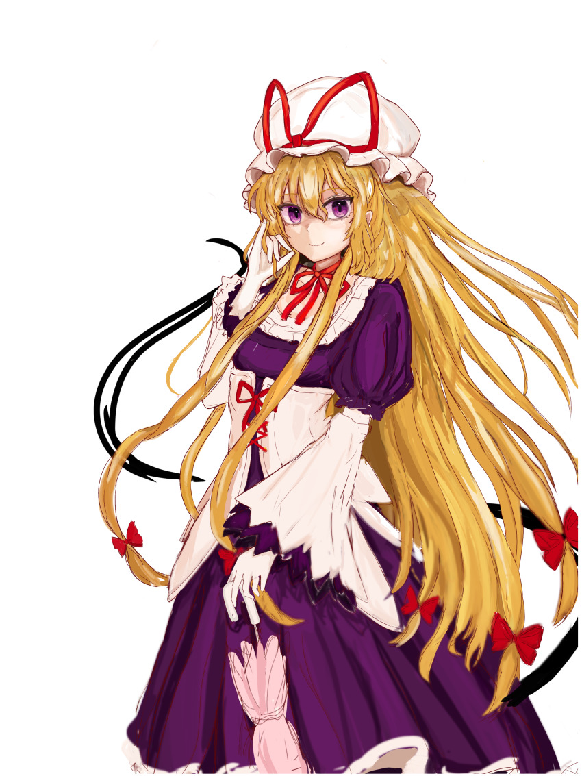 1girl 83mkneinlsqmebq absurdres choker closed_umbrella dress frills gap_(touhou) hair_ribbon hat highres holding holding_umbrella long_hair long_sleeves looking_at_viewer mob_cap puffy_sleeves purple_dress purple_eyes ribbon ribbon_choker smile solo touhou umbrella white_background yakumo_yukari