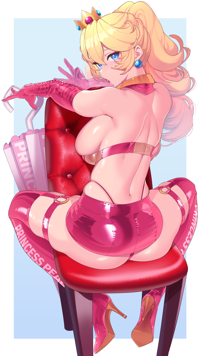 1girl absurdres ass bare_shoulders blonde_hair blue_eyes blush boots bra breasts chair crown detached_collar earrings elbow_gloves fellatio_gesture gloves high_heel_boots high_heels highres jewelry large_breasts long_hair looking_at_viewer looking_back mario_(series) miniskirt nintendo o-ring o-ring_thigh_strap open_mouth pink_boots pink_bra pink_gloves pink_skirt ponytail princess_peach race_queen santa_(sunflower) shoulder_blades sideboob sitting skirt solo sphere_earrings super_mario_bros._1 thigh_boots thigh_strap thong tongue tongue_out umbrella underwear
