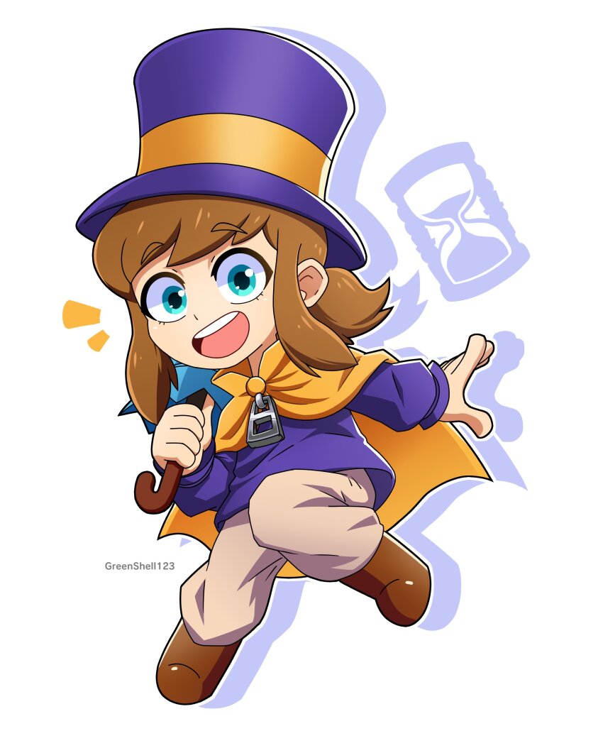 1girl :d a_hat_in_time absurdres ankle_boots artist_name blue_eyes blue_umbrella boots brown_boots brown_hair brown_pants cape child closed_umbrella commentary drop_shadow english_commentary full_body greenshell123 hat hat_kid hat_ribbon highres holding holding_umbrella hourglass jacket long_sleeves looking_at_viewer notice_lines open_mouth outline pants ponytail purple_hat purple_jacket ribbon sidelocks smile solo teeth top_hat umbrella upper_teeth_only white_background white_outline yellow_cape yellow_ribbon zipper_pull_tab