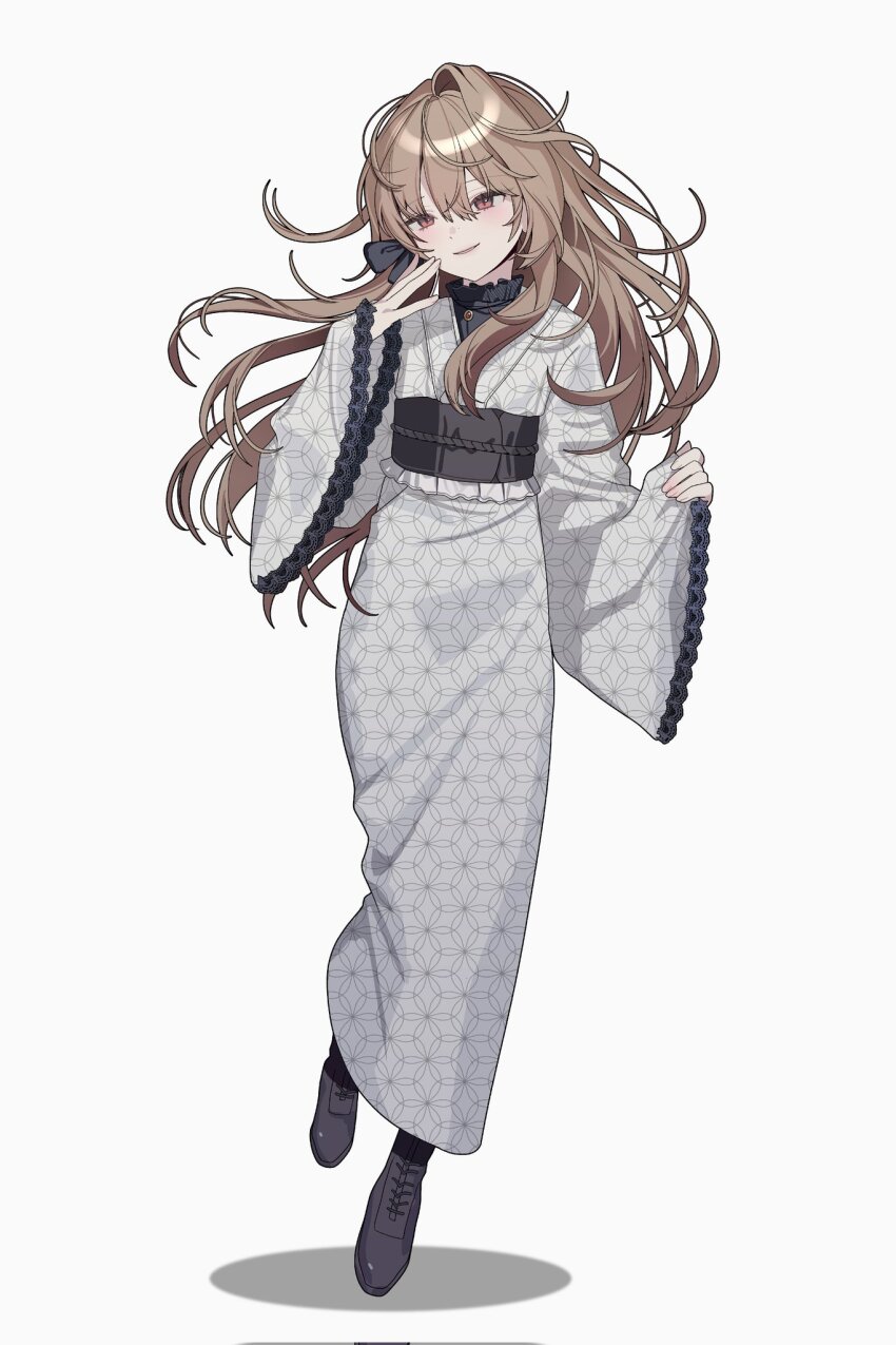 0_o_s_k 1girl black_boots black_sash blush boots brown_hair commentary commission full_body grey_kimono hair_between_eyes hand_up hashtag-only_commentary highres japanese_clothes kimono lace-up_boots long_hair long_sleeves obi original parted_lips red_eyes sash simple_background smile solo standing white_background wide_sleeves