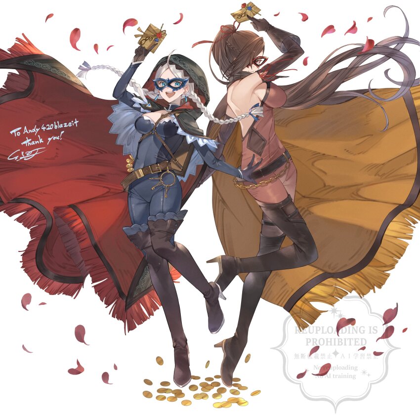 2girls absurdres ahoge ayacho black_cape black_gloves blue_bodysuit blue_eyes blue_mask blue_ribbon bodysuit boots braid breasts calling_card cape coin crystal_earrings earrings eye_mask fire_emblem fire_emblem_fates fire_emblem_heroes gloves gold_coin hair_over_one_eye hair_ribbon harness high_heel_boots high_heels highres hood hood_up hooded_cape jewelry kagero_(fire_emblem) kagero_(thief)_(fire_emblem) keyring large_breasts leather_belt long_hair low_twin_braids medium_breasts multiple_girls nina_(fire_emblem) nina_(thief)_(fire_emblem) nintendo o-ring o-ring_harness official_alternate_costume parted_bangs phantom_thief ponytail red_cape red_petals red_ribbon ribbon skin_tight thigh_boots turtleneck twin_braids two-tone_bodysuit two-tone_cape white_hair yellow_cape