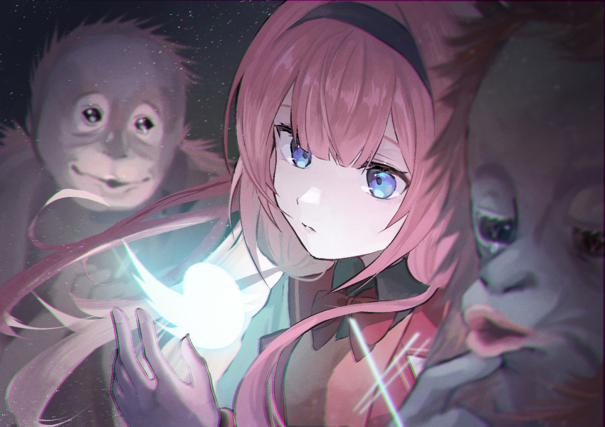 1girl 99noe_honoka black_hairband blue_eyes blunt_bangs bow bowtie commentary floating floating_object glowing hairband highres light_particles looking_at_another looking_at_object nijisanji orangutan pink_hair pink_sweater_vest red_bow red_bowtie red_shirt shirt solo_focus suo_sango suo_sango_(1st_costume) sweater_vest teardrop twitter twitter_bird twitter_logo twitter_x_logo virtual_youtuber
