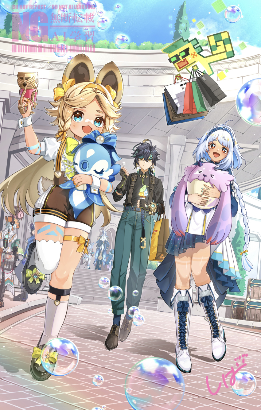 4girls 5boys absurdres ahoge ajaw_(genshin_impact) alternate_costume animal_ears bag black_hair black_shirt black_shoes blonde_hair blubberbeast_(genshin_impact) blue_eyes blue_hair blue_pants blush boots bow bowtie brown_shorts bubble chinchilla_ears closed_mouth commentary_request day diamond-shaped_pupils diamond_(shape) earrings floating foot_up footwear_bow genshin_impact green_headband gun hand_up hands_up headband highres holding holding_bag holding_gun holding_ice_cream_cone holding_spoon holding_weapon ice_cream_cone ice_cream_spoon ifa_(genshin_impact) jewelry kachina_(genshin_impact) kinich_(genshin_impact) knee_boots light_smile long_hair long_sleeves melusine_(genshin_impact) mualani_(genshin_impact) multicolored_hair multiple_boys multiple_girls neuvillette_(genshin_impact) open_mouth ororon_(genshin_impact) outdoors pants plastic_spoon red_eyes shiba_(tonari_no_shiba_inu) shirt shoes shopping_bag shorts sigewinne_(genshin_impact) single_sock single_thighhigh socks spoon standing standing_on_one_leg surintendante_chevalmarin suspenders symbol-shaped_pupils thighhighs very_long_hair weapon white_boots white_hair white_socks white_thighhighs white_wrist_cuffs wrist_cuffs yellow_bow yellow_bowtie yellow_eyes