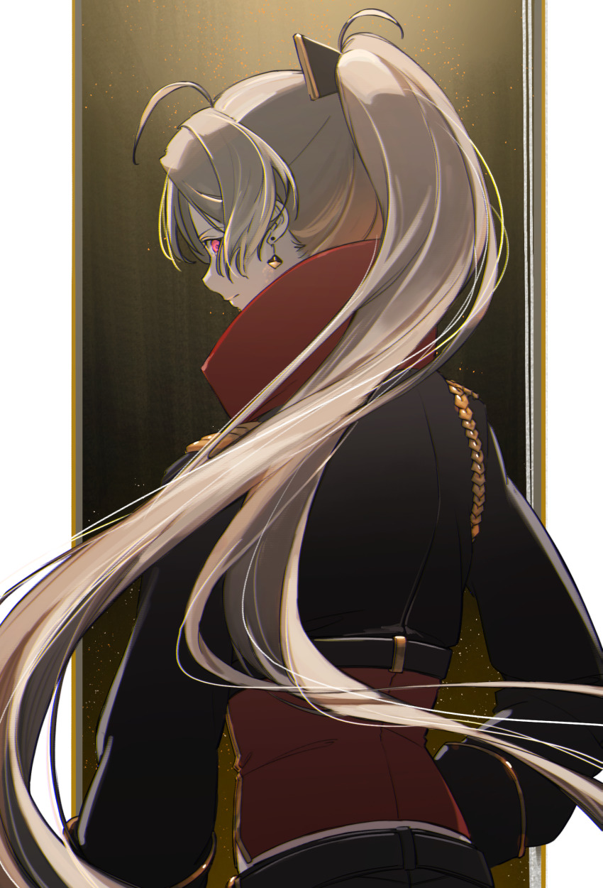 1girl ahoge aiguillette azur_lane belt black_belt black_jacket black_pants brown_background brown_hair closed_mouth cropped_jacket earrings from_behind gradient_background hair_between_eyes hatski.sin high_collar high_ponytail highres jacket jean_bart_(azur_lane) jewelry long_hair long_sleeves looking_at_viewer looking_back pants ponytail red_eyes sideways_glance sleeve_cuffs solo standing upper_body very_long_hair