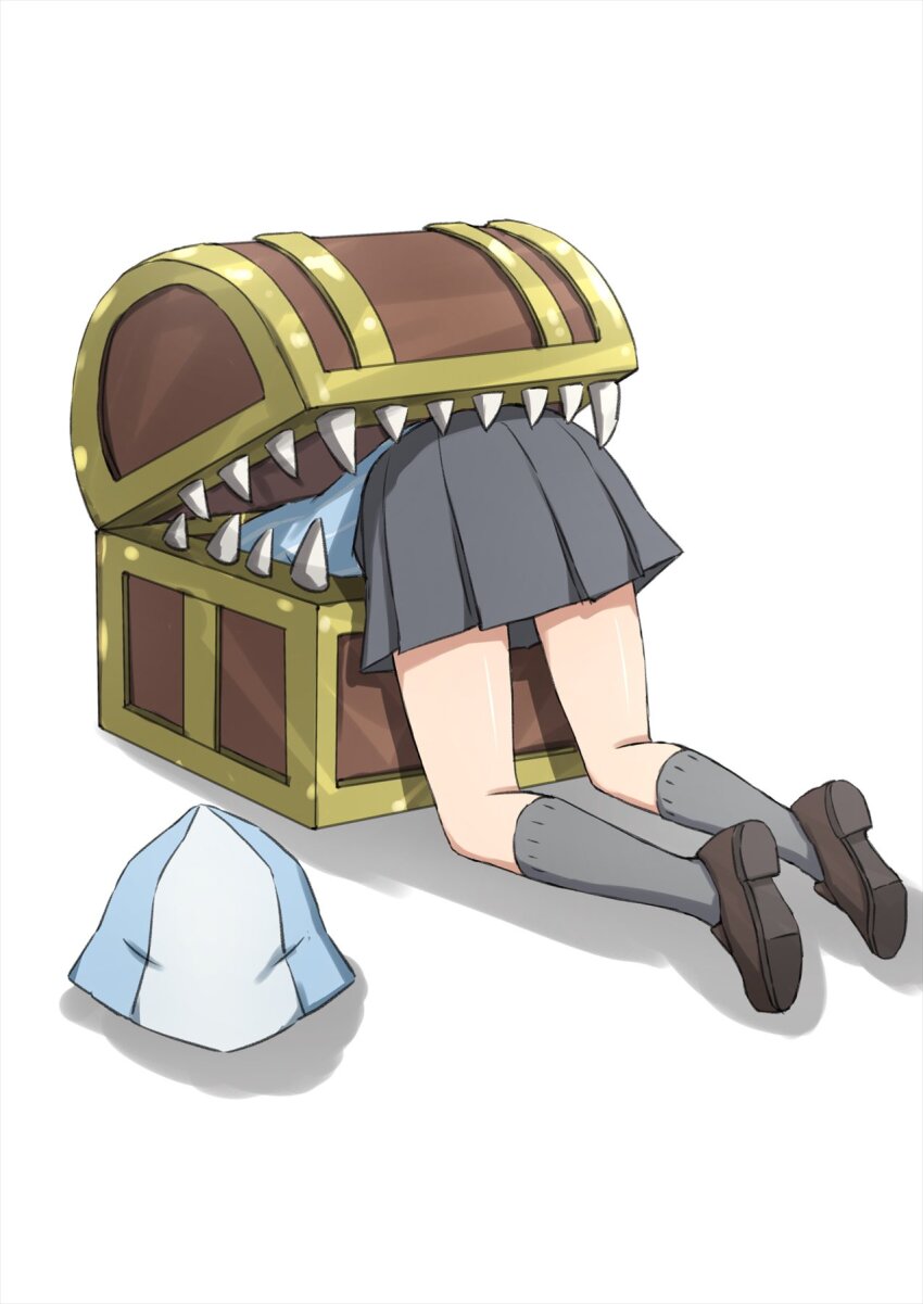 1girl blue_hat blue_shirt brown_shoes commentary frieren_stuck_in_a_mimic_(meme) girls_und_panzer grey_skirt grey_socks hat highres keizoku_school_uniform loafers meme mika_(girls_und_panzer) mimic mimic_chest miniskirt omachi_(slabco) pleated_skirt school_uniform shadow shirt shoes skirt socks solo sousou_no_frieren tulip_hat unworn_hat unworn_headwear