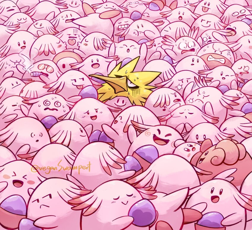 &gt;_&lt; :&gt; @_@ anger_vein angry blissey blush_stickers chansey character_request cigar closed_eyes closed_mouth commentary_request crossover ditto egg electrode_(pokemon) fall_guy fall_guys gen_1_pokemon gen_2_pokemon happy heart highres holding holding_cigar kirby kirby_(series) legendary_pokemon looking_at_another musical_note nintendo no_humans one_eye_closed open_mouth parted_lips pokemon pokemon_(creature) pokemon_egg sleeping smile smoking sunglasses sweat teeth tongue tongue_out too_many transformed_ditto twitter_username veganswampert zapdos