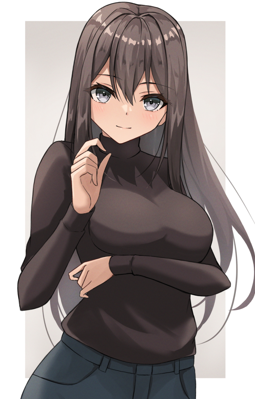 1girl black_hair black_sweater border breasts commission death_note denim gensoukitan grey_background grey_eyes hair_between_eyes highres jeans large_breasts long_hair long_sleeves looking_at_viewer misora_naomi pants simple_background skeb_commission solo sweater turtleneck turtleneck_sweater white_border