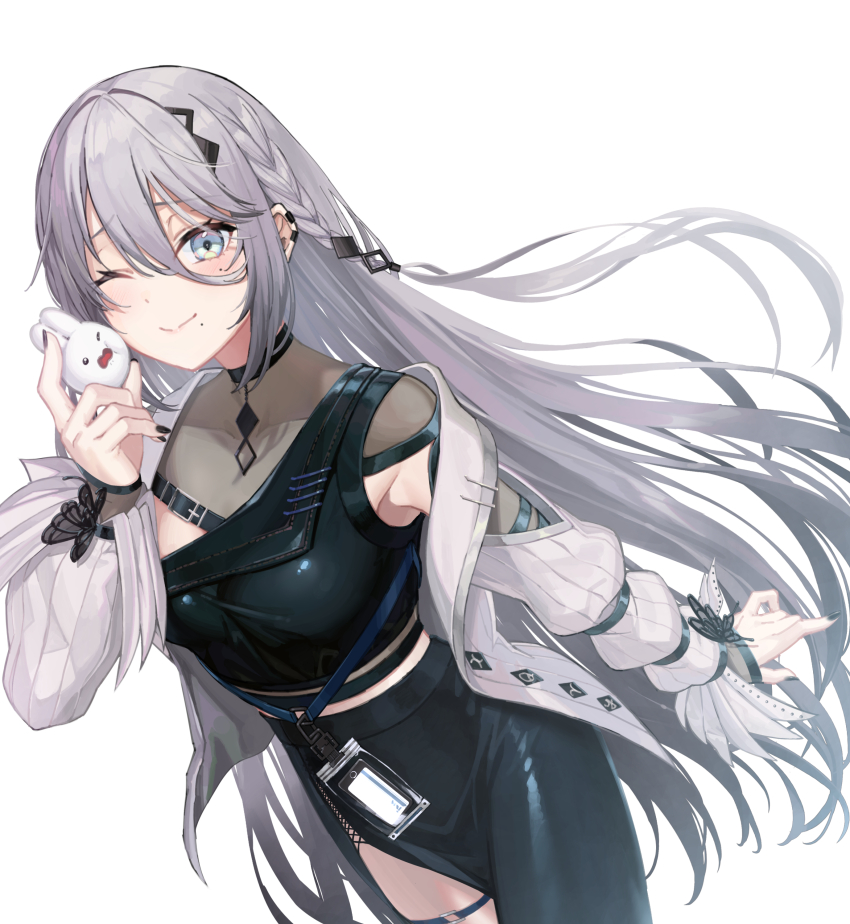 1girl absurdres black_nails black_skirt blue_eyes braid closed_mouth collarbone commentary_request cowboy_shot dutch_angle earclip ginopi grey_hair hair_between_eyes highres id_card lanyard long_hair looking_at_viewer mole mole_under_eye mole_under_mouth nail_polish nijisanji one_eye_closed side_slit simple_background skirt smile solo sophia_valentine sophia_valentine_(1st_costume) thigh_strap very_long_hair virtual_youtuber white_background
