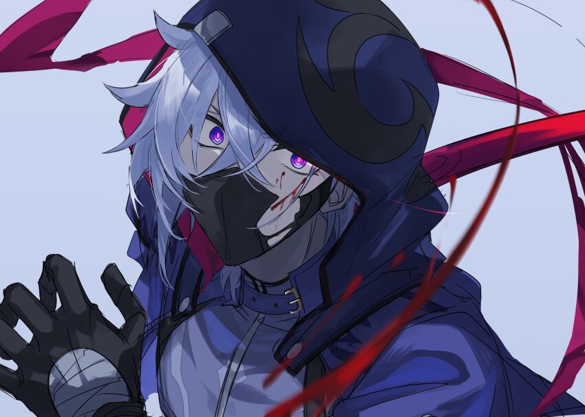 1boy bandaged_hand bandages black_gloves black_mask bleeding blood blood_on_face commentary_request cropped_jacket crossed_bangs cuts gloves glowing glowing_eye grey_background hair_between_eyes hand_up highres honkai:_star_rail honkai_(series) hood hood_up hooded_jacket injury jacket looking_at_viewer male_focus mask mouth_mask moze_(honkai:_star_rail) parted_bangs purple_eyes purple_hair purple_jacket purple_shirt red_ribbon ribbon shirt short_hair simple_background solo torn_mask upper_body wide-eyed yakota_(usuk-yako)