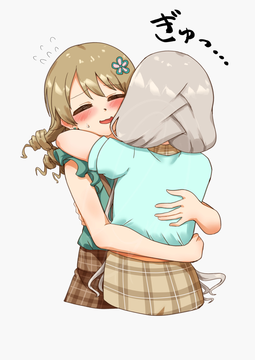 2girls ^_^ absurdres aqua_shirt blush brown_hair brown_skirt closed_eyes commentary_request cropped_legs drill_hair flying_sweatdrops green_shirt grey_hair highres hisakawa_nagi hug idolmaster idolmaster_cinderella_girls kouten_(rpear_609) morikubo_nono multiple_girls partial_commentary plaid_clothes plaid_skirt shirt simple_background skirt smile sweatdrop white_background yuri