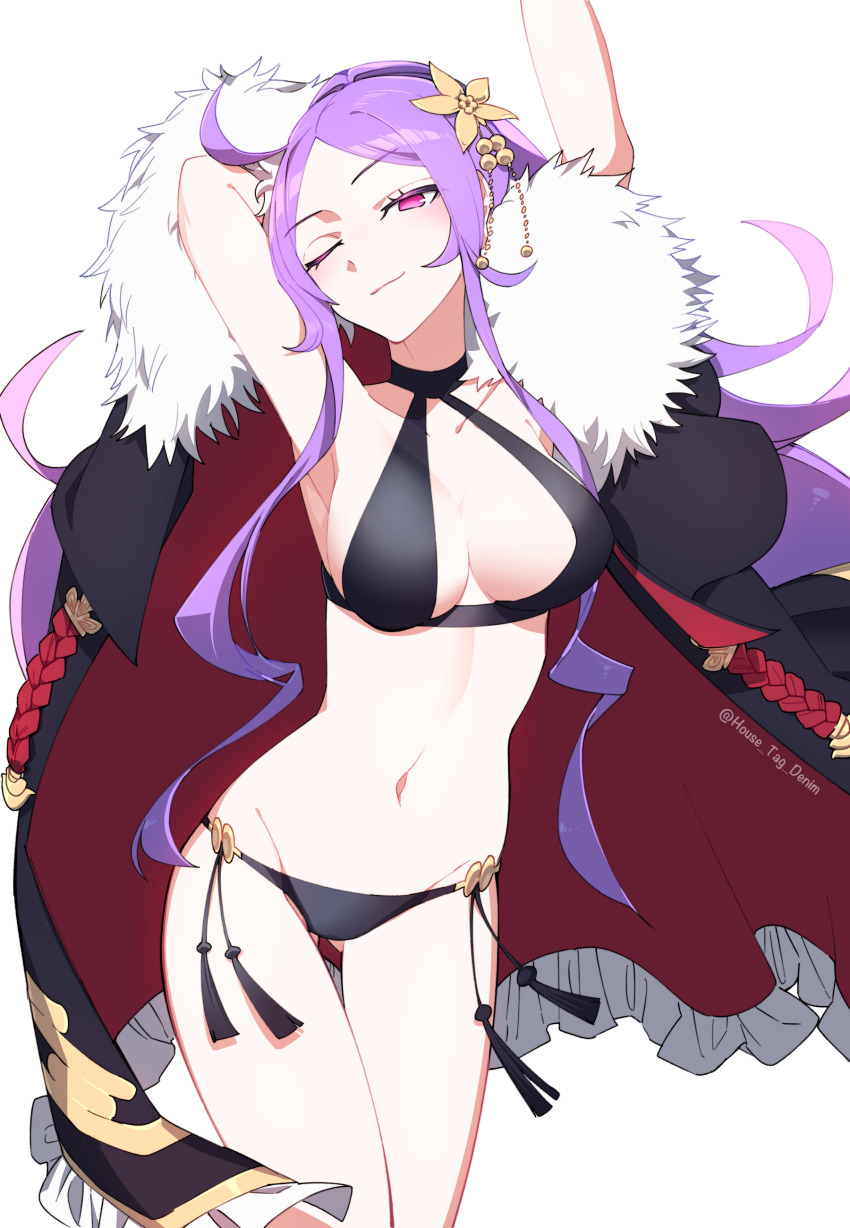 1girl absurdres ahoge arm_behind_head armpits arms_up bare_shoulders bikini bikini_under_clothes black_bikini black_cape breasts cape cleavage collarbone fate/grand_order fate_(series) flower forehead fur-trimmed_cape fur_trim hair_flower hair_ornament highres house_tag_denim large_breasts long_hair looking_at_viewer navel one_eye_closed parted_bangs purple_eyes purple_hair sidelocks smile solo swimsuit thighs very_long_hair wu_zetian_(fate) wu_zetian_(swimsuit_caster)_(fate) wu_zetian_(swimsuit_caster)_(third_ascension)_(fate)