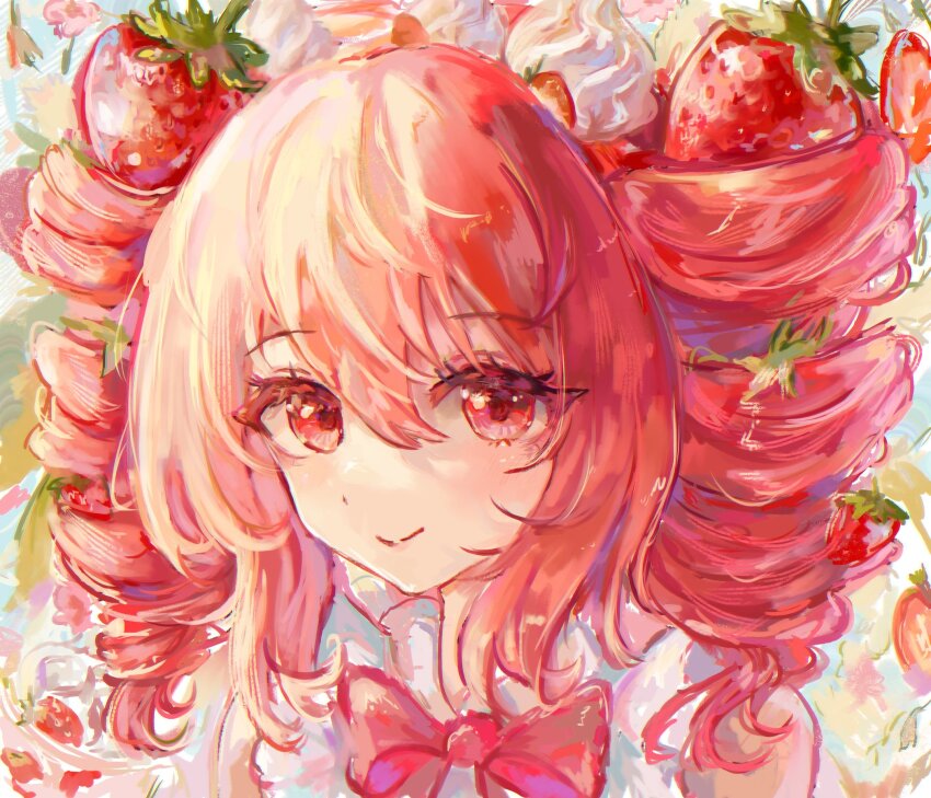 1girl akari_(akariimia) bare_shoulders blue_background bow bowtie chromatic_aberration closed_mouth commentary double-parted_bangs drill_hair food fruit hair_between_eyes highres kasane_teto leaf looking_at_viewer medium_hair portrait red_bow red_bowtie red_eyes red_hair shirt sidelighting sidelocks simple_background sleeveless sleeveless_shirt smile solo strawberry symbol-only_commentary twin_drills utau white_shirt