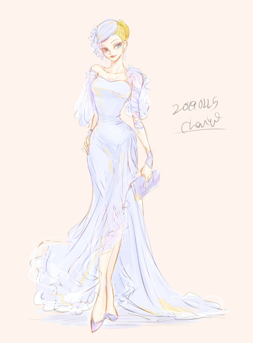 1girl alternate_costume animification artist_name bag blonde_hair chai_5 daisy_duck disney dress full_body hair_bun handbag high_heels highres humanization looking_at_viewer mickey_mouse_&amp;_friends short_hair signature smile solo white_dress