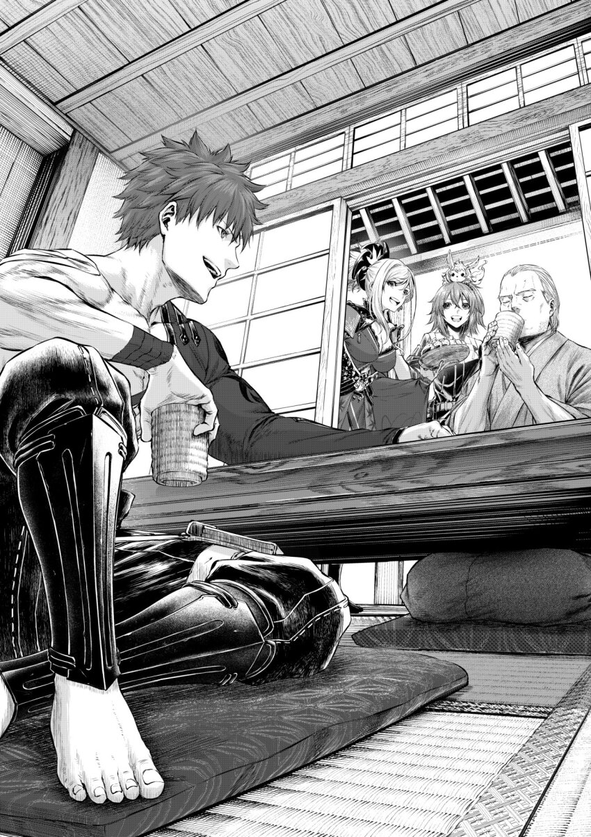 2boys 2girls animal animal_on_head architecture barefoot breasts cleavage cup drinking east_asian_architecture emiya_shirou fate/grand_order fate_(series) food fou_(fate) fujimaru_ritsuka_(female) fujimaru_ritsuka_(female)_(polar_chaldea_uniform) greyscale highres medium_breasts miyamoto_musashi_(fate) monochrome mugetsu2501 multiple_boys multiple_girls on_head seiza senbei senji_muramasa_(fate) sitting table yagyuu_munenori_(fate) yunomi