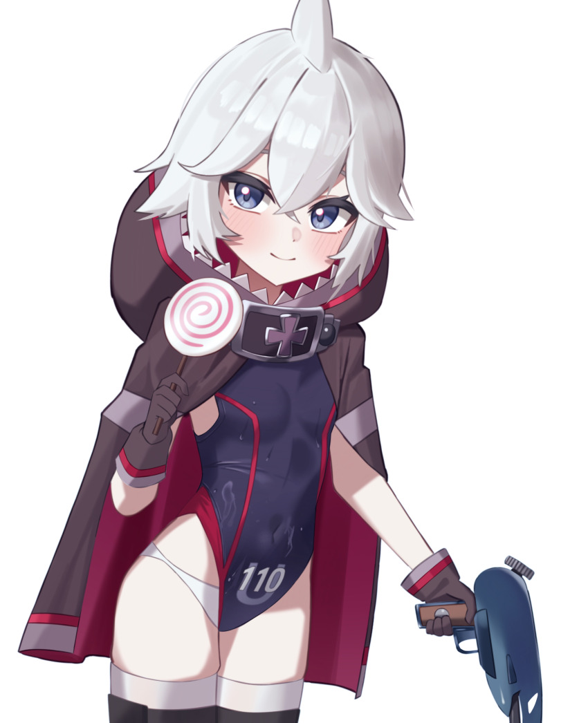 1girl absurdres azur_lane black_one-piece_swimsuit black_thighhighs blush breasts brown_cloak brown_gloves candy cloak closed_mouth commentary covered_navel cowboy_shot food gloves grey_eyes grey_hair hand_up highres holding holding_candy holding_food holding_lollipop hood hood_down hooded_cloak lollipop looking_at_viewer nova_nekonovaone one-piece_swimsuit simple_background small_breasts smile solo swimsuit swirl_lollipop thighhighs u-110_(azur_lane) white_background