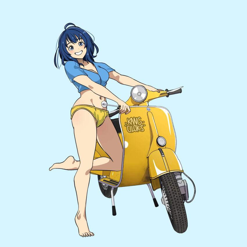 1girl artist_name bare_legs barefoot blue_background blue_eyes blue_hair blue_shirt breasts cleavage commentary cropped_shirt full_body groin highres kang_cilok&#039;s large_breasts looking_at_viewer make_heroine_ga_oo_sugiru! medium_hair midriff motor_vehicle motorcycle navel panties photo-referenced scooter shirt short_sleeves simple_background smile solo stomach underwear vespa yanami_anna yellow_panties