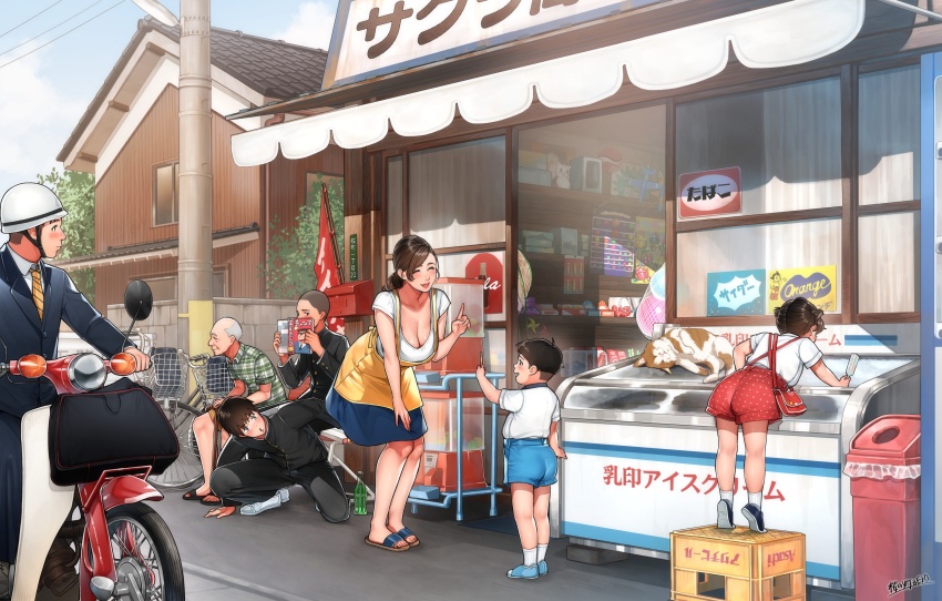 2girls 5boys apron bicycle black_jacket black_pants blue_shorts blue_skirt breasts brown_hair buzz_cut candy_store cat child cleavage day flip-flops food freezer gashapon helmet highres implied_pantyshot jacket leaning_forward mature_female motor_vehicle motorcycle multiple_boys multiple_girls old old_man original outdoors pants popsicle red_shorts sakura_no_tomoru_hi_e sandals scenery school_uniform shadow shirt shop short_hair short_twintails shorts sitting skirt sliding_doors smile standing sunlight trash_can twintails very_short_hair white_shirt