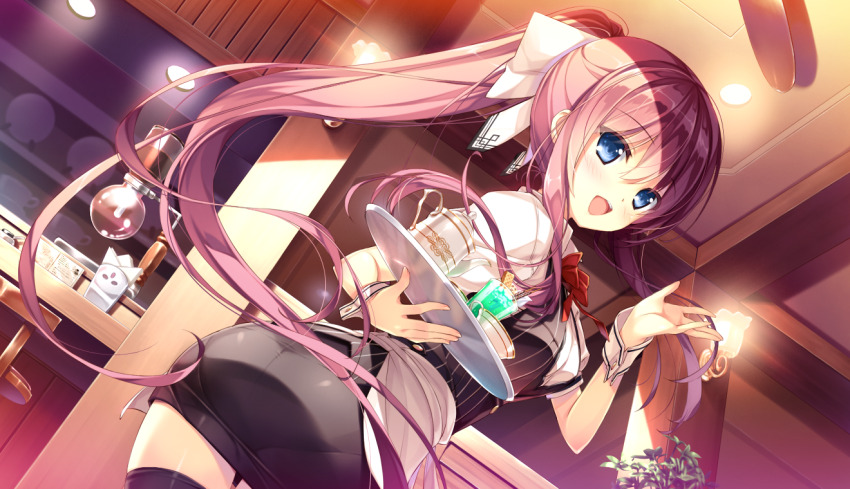 1girl ashishun black_thighhighs blue_eyes bow dutch_angle game_cg hair_bow indoors komagata_yuzuki long_hair open_mouth ponytail primal_hearts purple_hair restaurant skindentation solo teapot thighhighs tray very_long_hair waitress wrist_cuffs zettai_ryouiki