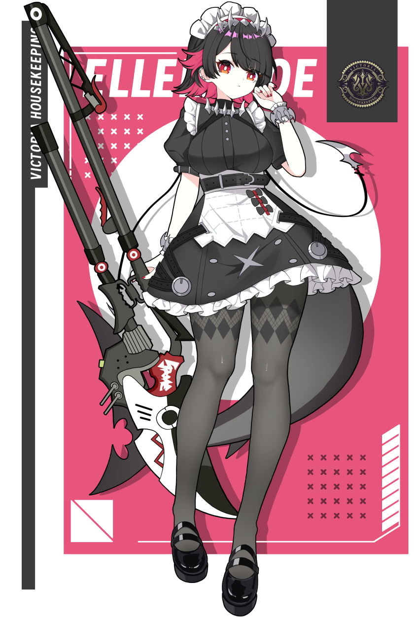 1girl absurdres argyle_clothes argyle_pantyhose black_dress black_footwear black_hair black_pantyhose bright_pupils character_name closed_mouth commentary_request dress ellen_joe ff2074 fins fish_tail frilled_dress frills full_body highres holding holding_weapon horn_hairband looking_at_viewer maid_headdress multicolored_background pantyhose puffy_short_sleeves puffy_sleeves red_background red_eyes red_hair shark_girl shark_tail short_hair short_sleeves solo standing tail weapon white_background white_headdress white_pupils zenless_zone_zero