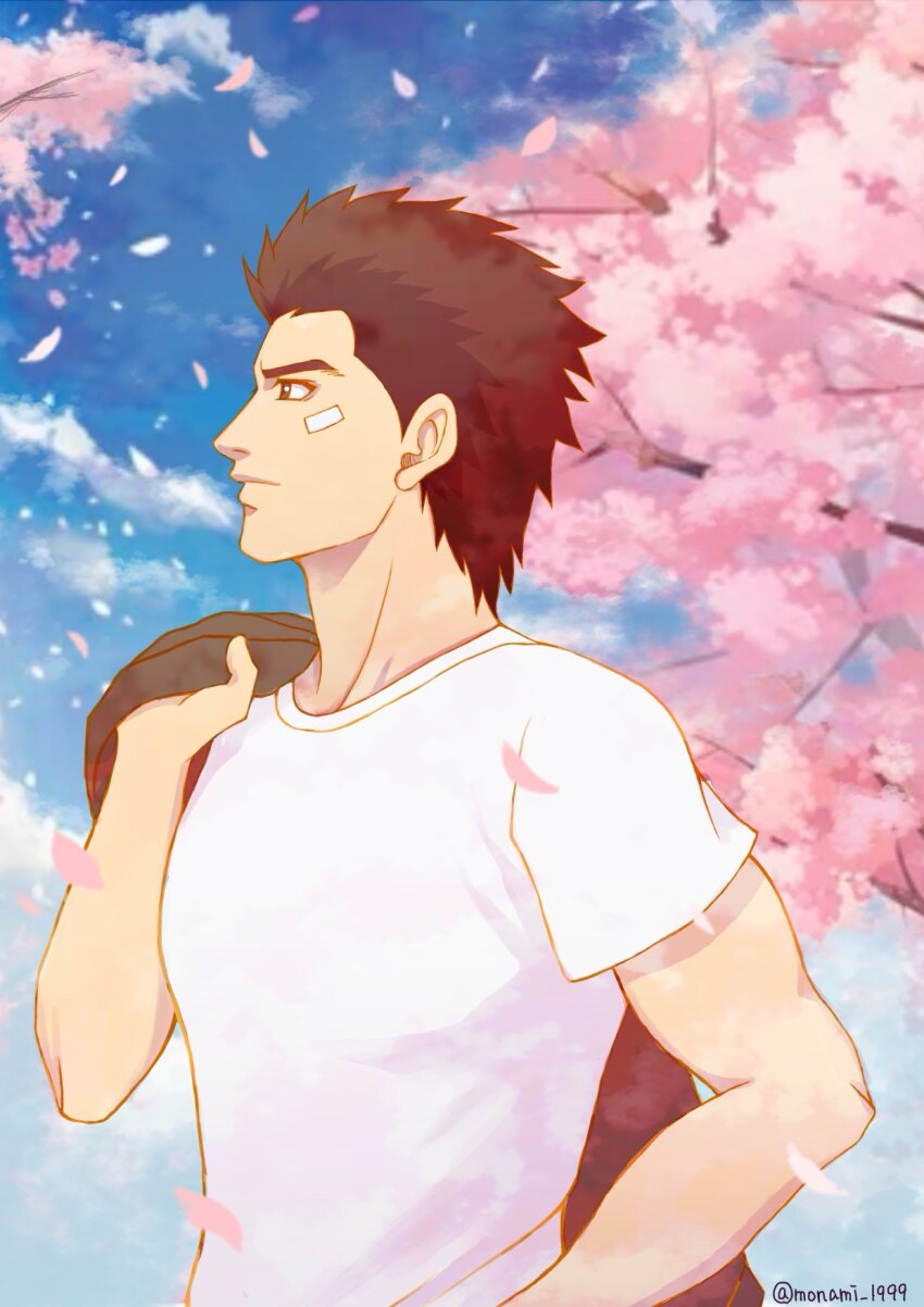 bandage_on_face bandages biceps brown_eyes brown_hair cherry_blossoms cloud day expressionless falling_petals hazuki_ryou highres holding holding_unworn_clothes holding_jacket holding_unworn_clothes jacket jacket_over_shoulder looking_to_the_side monami_1999 muscular muscular_male outdoors petals sega shenmue shenmue_the_animation shirt signature spiked_hair t-shirt thick_eyebrows tree unworn_jacket white_shirt