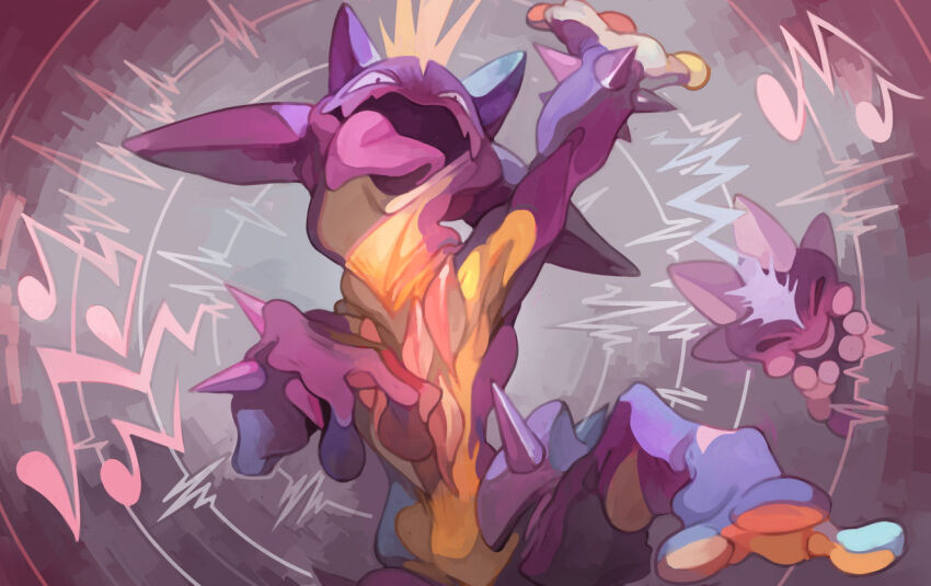 black_eyes bright_pupils crazy_smile evolutionary_line fang fangs gen_8_pokemon horns looking_at_viewer musical_note nintendo open_mouth pokemon pokemon_(creature) skin_fang smile sony-shock sound_effects sound_wave spikes standing sweat tongue tongue_out toxel toxtricity toxtricity_(amped)