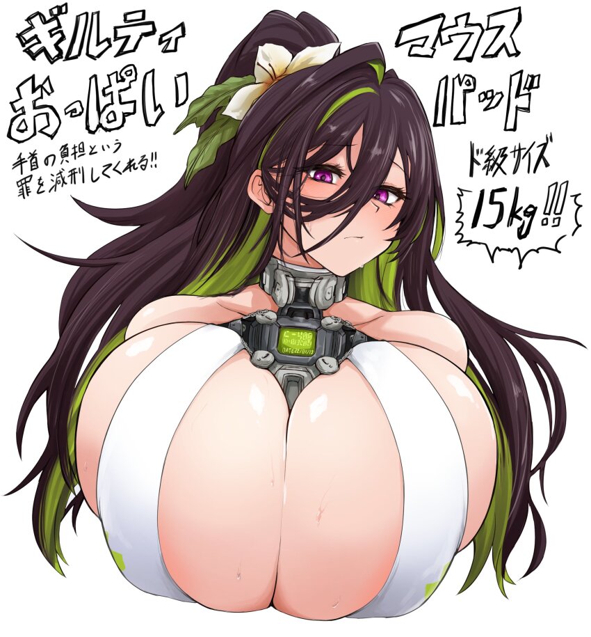 1girl bare_shoulders bikini blush breasts brown_hair closed_mouth collarbone colored_inner_hair goddess_of_victory:_nikke green_hair guilty_(nikke) guilty_(wave_of_disbelief)_(nikke) hair_between_eyes highres huge_breasts long_hair looking_at_viewer multicolored_hair pink_eyes solo sweat swimsuit tkool_man very_long_hair white_bikini