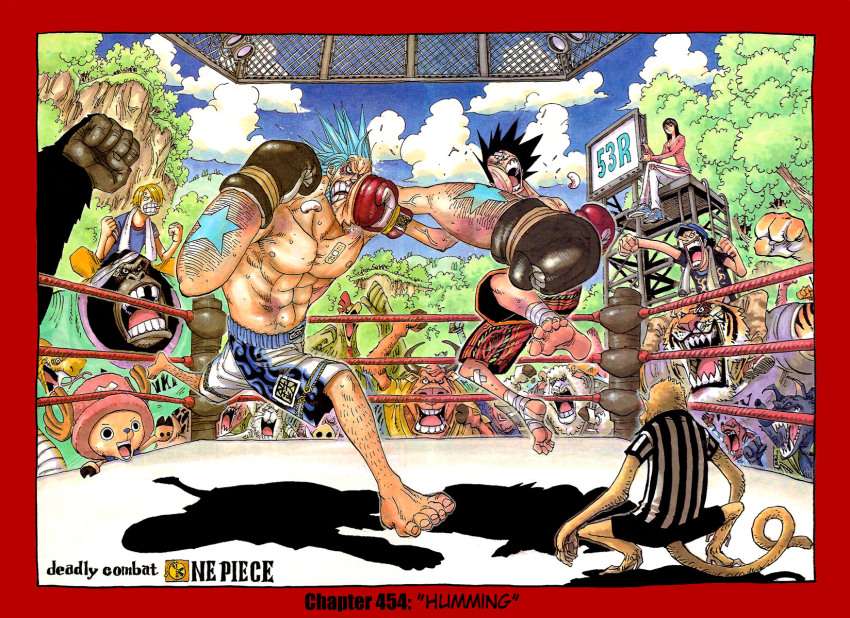 00s 1girl 2007 4boys abs animal arena bandages barefoot bird black_hair blonde_hair blue_hair blue_sky boar border boxing boxing_gloves boxing_ring bull chicken cigarette cloud copyright_name cover cover_page dog franky_(one_piece) gorilla hair_over_one_eye hat highres horns monkey monkey_d._luffy multiple_boys muscular nico_robin oda_eiichirou official_art one_piece outdoors pants punching referee reindeer rooster sanji_(one_piece) scoreboard sheep sheep_horns shorts sky smoking snake tattoo tiger tony_tony_chopper topfreedom topless_female towel tree usopp white_pants