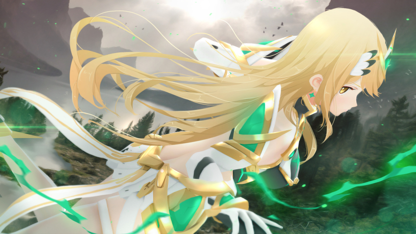 1girl 3d armor back bare_shoulders blonde_hair breasts dress elbow_gloves female_focus gloves gmod highres lake large_breasts long_hair mountain mythra_(xenoblade) nintendo sculp2 shoulder_armor solo tree very_long_hair white_dress xenoblade_chronicles_(series) xenoblade_chronicles_2 yellow_eyes