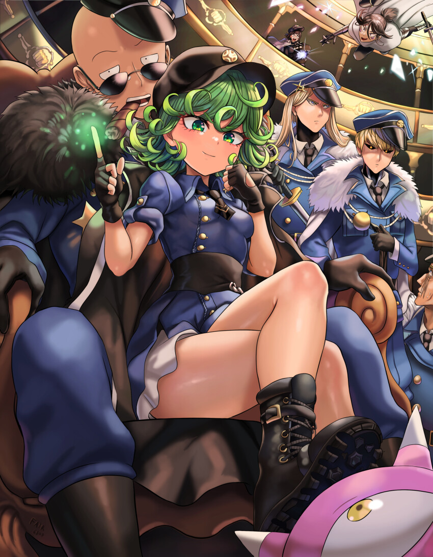 1girl 5boys :d absurdres armchair bare_legs black_footwear black_gloves black_headwear black_necktie blue_jacket blue_skirt boots breasts broken_glass chair cigar commentary crossed_legs english_commentary fingerless_gloves flipped_hair fur-trimmed_jacket fur_trim genos glass gloves green_hair hat highres holding holding_sword holding_weapon indoors jacket king_(one-punch_man) lace-up_boots looking_at_viewer manako_(one-punch_man) multiple_boys necktie one-punch_man onsoku_no_sonic open_mouth overgrown_rover peaked_cap rkrk12 saitama_(one-punch_man) senkou_no_flash shirt sitting skirt sleeves_rolled_up small_breasts smile smoking sunglasses sword tatsumaki theater thighs weapon white_shirt