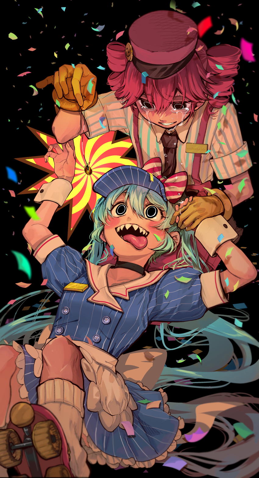 2girls absurdres apron black_background black_chemise black_eyes black_necktie blue_dress blue_hair blue_hat blush bow buttons collarbone collared_dress collared_shirt confetti crying crying_with_eyes_open double-breasted dress drill_hair gloves grin hair_between_eyes hand_up hat hat_bow hatsune_miku head_down head_on_another&#039;s_leg head_rest highres holding holding_pendulum hypnosis kasane_teto kepi kneehighs leg_up long_hair looking_at_another looking_at_object looking_down looking_up lying mesmerizer_(vocaloid) military_hat mind_control multiple_girls necktie on_back on_floor open_mouth pants pendulum pinstripe_hat red_bow red_hair red_pants sailor_collar sharp_teeth shirt short_sleeves skates skirt sleeves_rolled_up smile smiley_hat_ornament socks spiral suama_(suama-333) suspender_skirt suspenders tears teeth tongue tongue_out twin_drills twintails two-tone_bow upper_teeth_only utau very_long_hair visor_cap vocaloid waist_apron white_apron white_bow white_sailor_collar white_socks white_wrist_cuffs wing_collar wrist_cuffs yellow_gloves