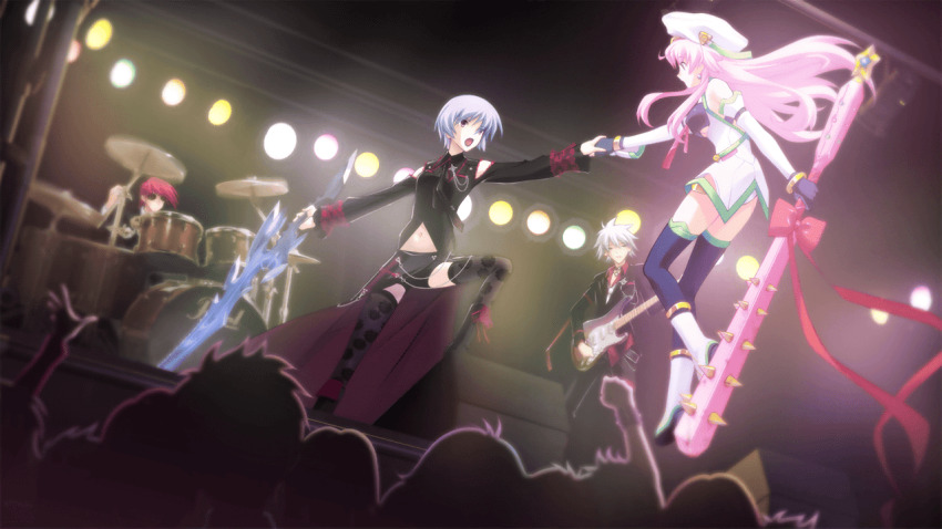 1girl 2boys aiguillette bandeau belted_skirt black_arm_garter black_bandeau black_boots black_dress black_thighhighs blood_tune blue_hair boots bow bracelet breasts celtic_cross chaos;head chaos;head_love_chu_chu! clothing_cutout club club_(weapon) collared_shirt concert corset covered_erect_nipples cross cross-laced_clothes cross-laced_skirt cross_pendant cross_print cute_weapon d-sword detached_sleeves dress earrings electric_guitar fingerless_gloves floating floral_print frilled_corset frills game_cg gloves glowing goth_fashion gothic_punk guitar hat holding holding_guitar holding_hands holding_instrument holding_sword holding_weapon huge_weapon instrument jacket jewelry kishimoto_ayase lace-trimmed_wrist_cuffs lace_bikini lace_trim lapels long_hair looking_at_another magical_girl makeup matsuo_yukihiro midriff multiple_boys navel necktie non-web_source official_art open_collar open_mouth outstretched_arm panties peaked_lapels phantasm pink_hair purple_eyes purple_lips red_cross red_hair red_ribbon red_shirt red_trim ribbon round_eyewear ryo_(chaos;head) samurai_condenser seira_orgel shirt short_hair skirt small_breasts spiked_bat spiked_club standing sunglasses sword thick_thighs thighhighs thighs underboob_cutout underwear weapon white_boots white_hat white_panties wrist_cuffs