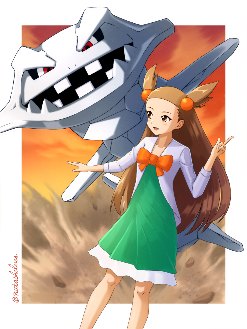 1girl :d absurdres blush border bow brown_eyes brown_hair commentary_request dress gen_2_pokemon green_dress hair_bobbles hair_ornament hand_up highres index_finger_raised jacket jasmine_(pokemon) knees long_hair nintendo open_mouth orange_bow pokemon pokemon_(creature) pokemon_hgss sherufu_(natashelves) smile steelix two_side_up white_border white_jacket