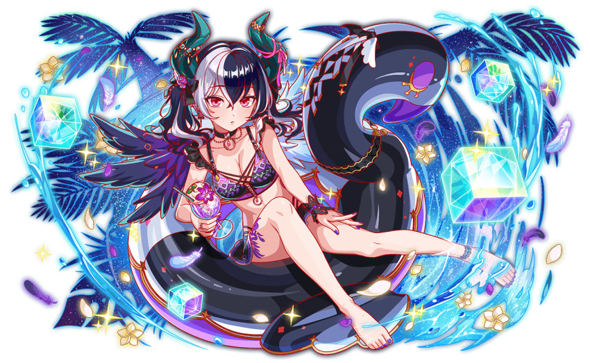 1girl alternate_costume alternate_hairstyle alternate_wings anime_coloring anklet aqua_eyeshadow artist_request bare_arms bare_legs bare_shoulders barefoot belt belt_buckle bikini bikini_skirt black_belt black_bikini black_bow black_choker black_hair black_wings black_wrist_cuffs blue_horns blue_nails bow bow_flower breasts buckle choker cleavage collarbone crash_fever cream cross-laced_bikini cross-laced_clothes cube cup demon_girl demon_horns dot_nose drink drinking_glass drinking_straw earrings eyeshadow feathers fingernails flower flower_request from_above full_body game_cg gem hair_bow holding holding_drink horn_ornament horn_ribbon horn_ring horns ice inflatable_flamingo innertube jewelry lace-trimmed_bow lace_trim leg_tattoo light_blush lucifer_(crash_fever) makeup medium_breasts medium_hair mini_wings multi-strapped_bikini_bottom multi-strapped_bikini_top multicolored_bikini multicolored_hair multiple_wings nail_polish narrow_waist number_print numbered o-ring o-ring_choker official_alternate_costume official_alternate_hairstyle official_alternate_wings official_art on_innertube outline palm_leaf palm_tree partially_submerged pink_ribbon plumeria print_bikini purple_bow purple_flower purple_liquid purple_outline purple_petals raised_eyebrows red_eyes red_gemstone red_outline ribbon ring skinny solo sparkle square square_print streaked_hair swim_ring swimsuit tachi-e tattoo teardrop-shaped_gem third-party_source toenails transparent_background tree twintails two-tone_hair water_drop wavy_hair wet white_feathers white_flower white_hair white_petals white_wings wing_ornament wings wrist_cuffs zipper zipper_pull_tab