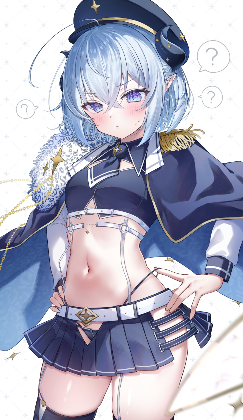 1girl :&lt; ? animal_print belt black_hat black_horns black_thighhighs blue_cloak blue_eyes blue_hair blue_necktie blue_panties blush chain character_request cleavage_cutout cloak clothing_cutout commentary_request cowboy_shot crop_top crossed_bangs crotch_cutout frown gold_chain gradient_eyes gyozanuko hair_between_eyes hands_on_own_hips hat highres horns leopard_print long_sleeves midriff miniskirt multicolored_eyes navel necktie panties panty_pull purple_eyes short_hair short_necktie skirt solo sparkle spoken_question_mark standing thighhighs twinkle_star_knights underwear white_belt