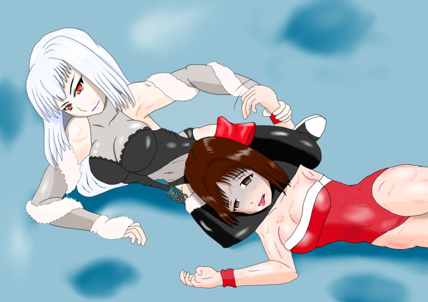2girls artist_request asphyxiation bare_shoulders boots bow breasts brown_eyes brown_hair empty_eyes freia_kagami hair_bow leotard long_hair lying multiple_girls mutou_megumi on_side red_eyes ryona saliva silver_hair smile strangling submission tears tongue tongue_out turn_pale wrestle_angels wrestling wrestling_outfit wristband