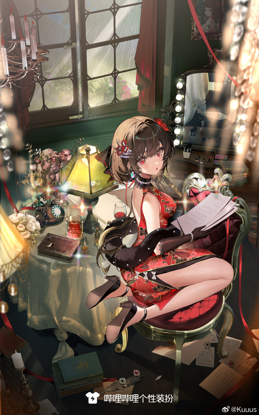1girl :o alcohol backless_dress backless_outfit bare_back bare_legs bare_shoulders bead_bracelet beads black_footwear black_gloves black_shawl book book_stack border bracelet brown_hair candle candlestand chandelier character_request china_dress chinese_clothes chinese_commentary commentary_request copyright_request cup curtains dress drinking_glass eyelashes fire floral_print flower flower_knot full_body fur_shawl gloves hair_flower hair_ornament hair_ribbon high_heels highres holding holding_paper indoors jewelry kneeling kuuus lamp light_blush on_chair open_mouth paper paper_stack quill red_dress red_eyes red_flower red_ribbon ribbon shawl short_dress short_hair sleeveless sleeveless_dress solo sparkle stiletto_heels table tablecloth watermark weibo_watermark wooden_floor
