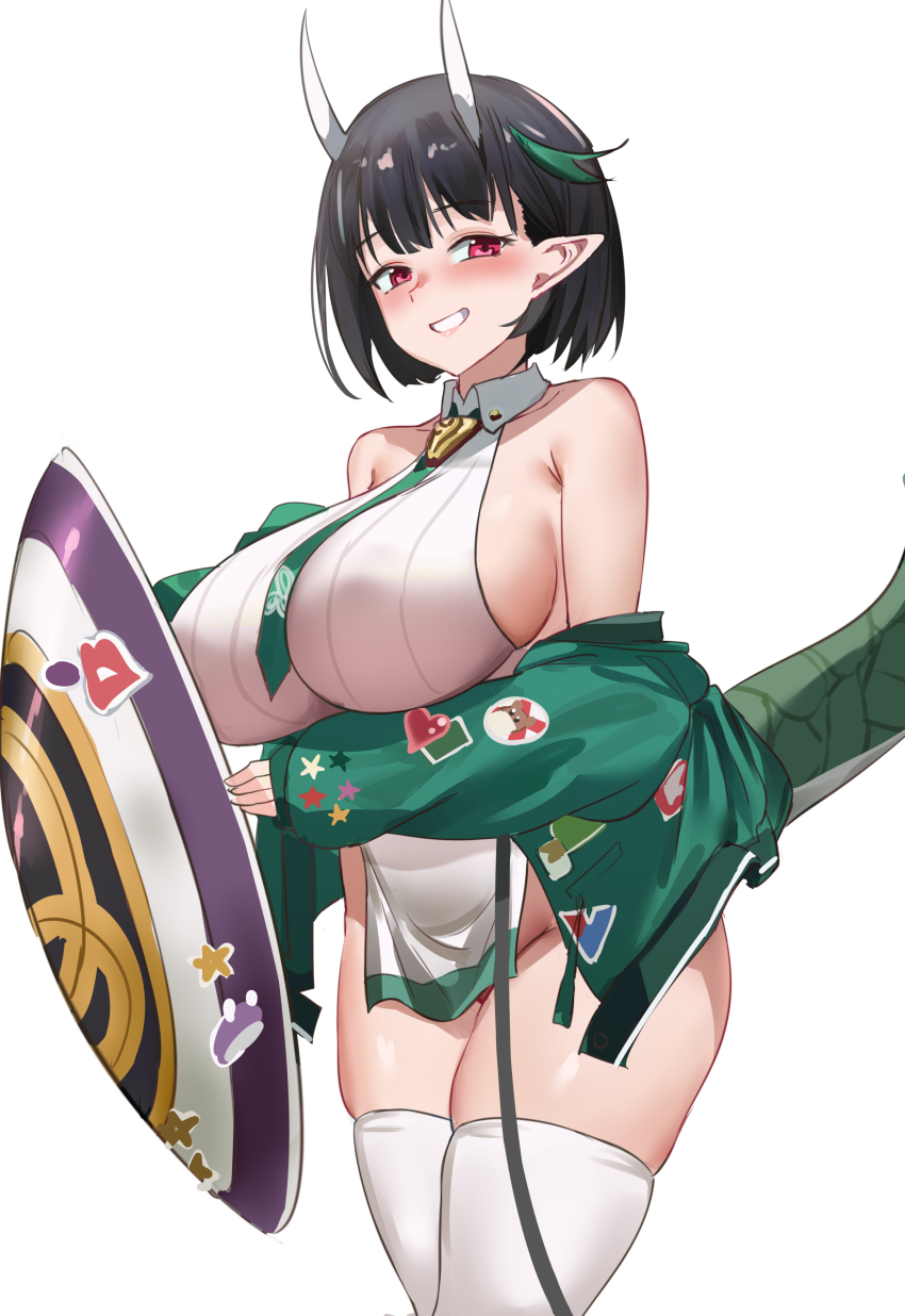 1girl absurdres bare_shoulders biscione_(fate) biscione_(second_ascension)_(fate) black_hair blush breasts das_(dan_dan) dragon_tail fate/grand_order fate_(series) grin highres horns large_breasts long_sleeves looking_at_viewer off_shoulder red_eyes shield short_hair sideboob smile solo tail thick_thighs thighs