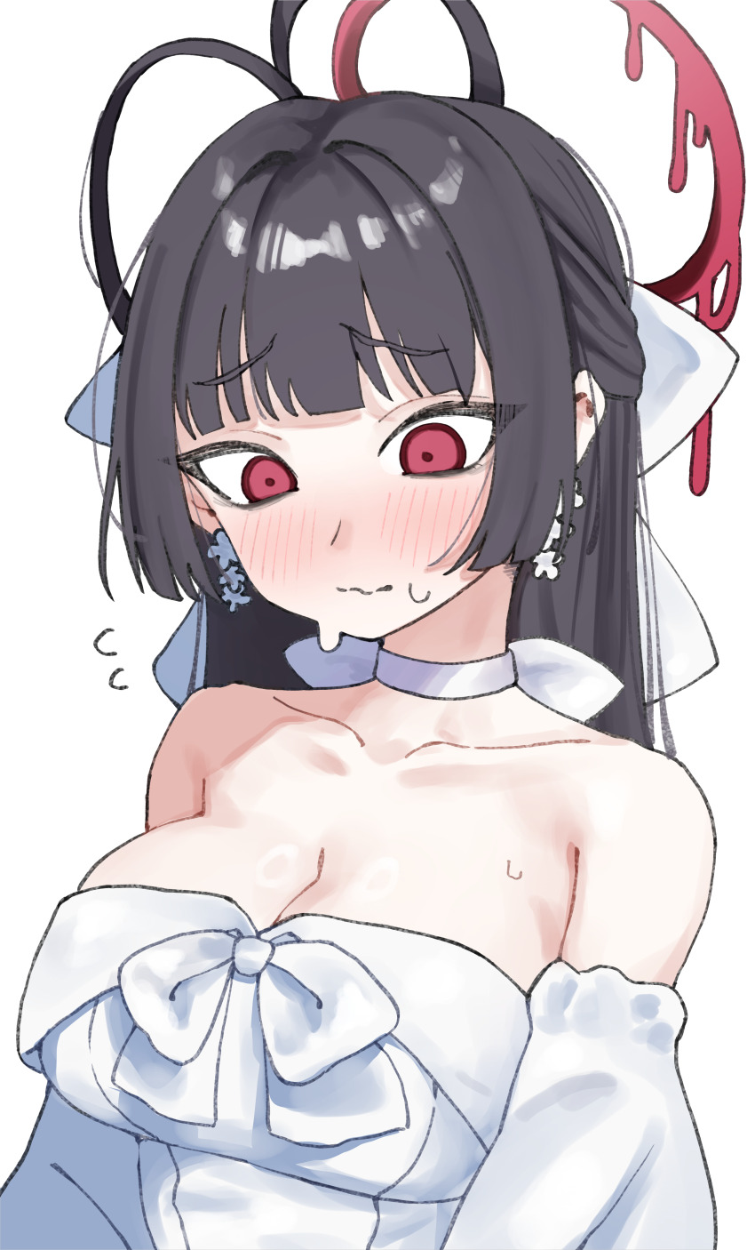 1girl absurdres bare_shoulders black_hair blue_archive blush breasts choker cleavage closed_mouth collarbone commentary_request dress halo hanakonenne highres long_hair official_alternate_costume red_eyes red_halo simple_background solo sweat tsurugi_(blue_archive) tsurugi_(dress)_(blue_archive) upper_body white_background white_choker white_dress