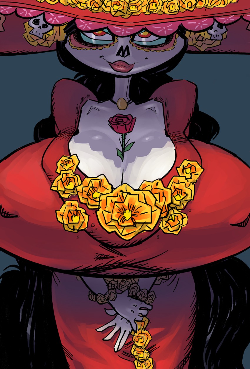 1girl between_breasts black_hair breasts cleavage cloud_man death_(entity) dress female_focus flower gigantic_breasts grey_background hat highres la_muerte lipstick long_hair looking_at_viewer makeup mole mole_under_eye red_lips rose simple_background skull solo sombrero the_book_of_life v_arms very_long_hair