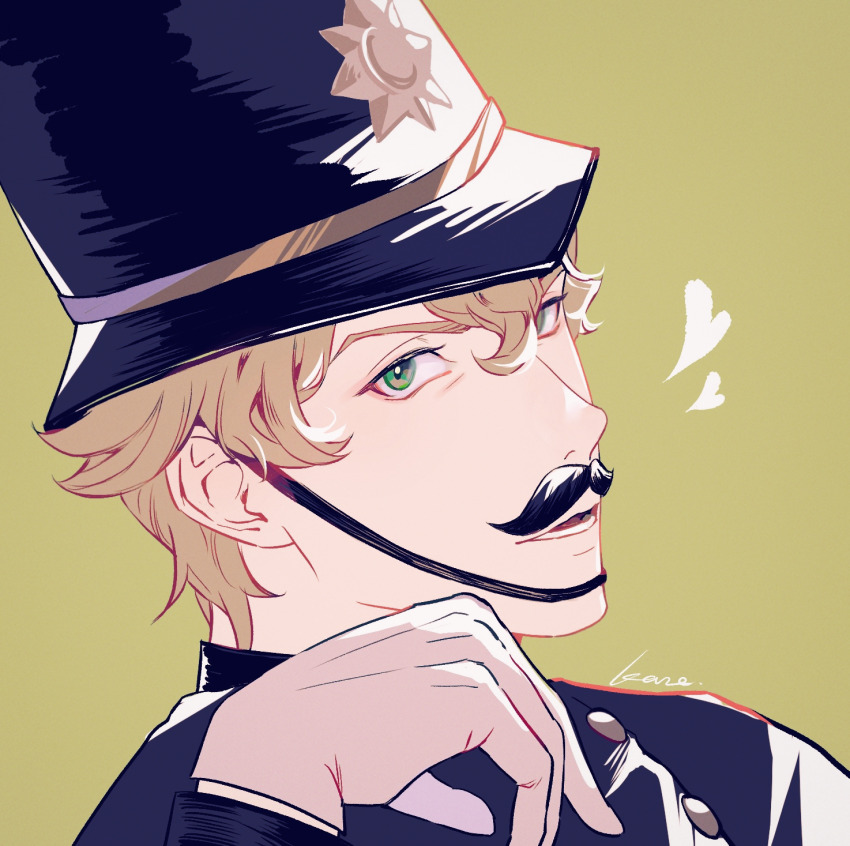 1boy ace_attorney black_hat black_jacket blonde_hair chin_strap commentary fake_facial_hair fake_mustache green_background green_eyes hair_between_eyes hand_up hat heart herlock_sholmes highres jacket kaze_(yznyttdgs) long_sleeves male_focus open_mouth portrait short_hair signature simple_background solo symbol-only_commentary the_great_ace_attorney