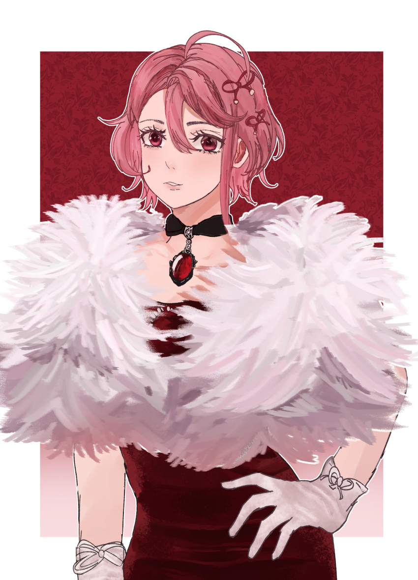 1girl absurdres collar dandadan dress faaande_t13 gem gloves highres jewelry pink_hair red_eyes shiratori_aira_(dandadan) short_hair simple_background solo white_gloves